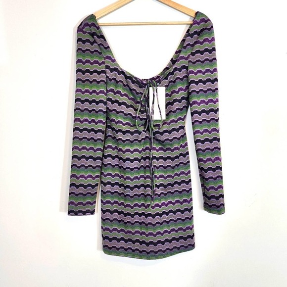 NWT Zara Green Purple Metallic Geo Striped 90s Cutout Mini Dress Size Small - Picture 3 of 14